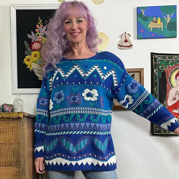 Vintage Blue Flower Graphic Sweater, 1990s Textured Cotton Floral Sweater Sz L - Picture 10 of 10